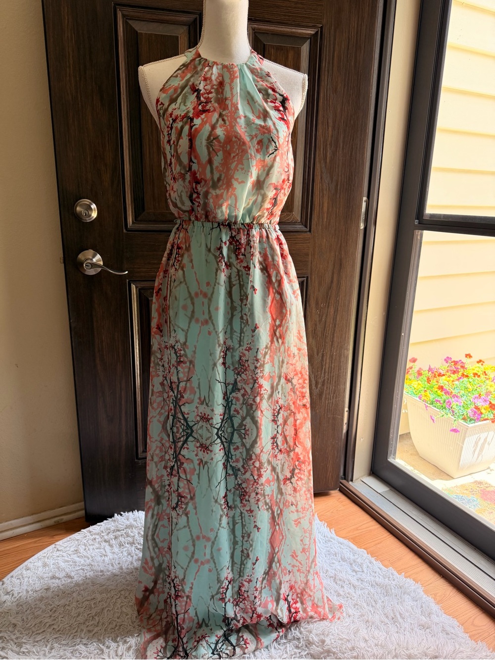 Jessica Simpson Mint Halter Maxi Dress with Coral Floral Print